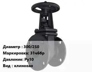 Задвижка чугунная канализационная 300/250 31ч6бр Ру10 клиновая